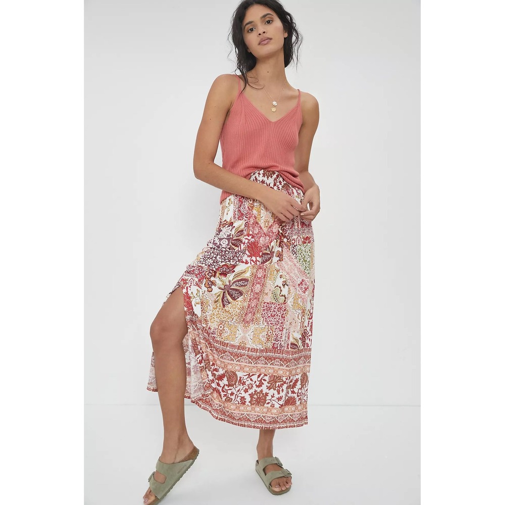 Anthropologie Patchwork Floral Smocked Midi Skirt Red Pink XXSP